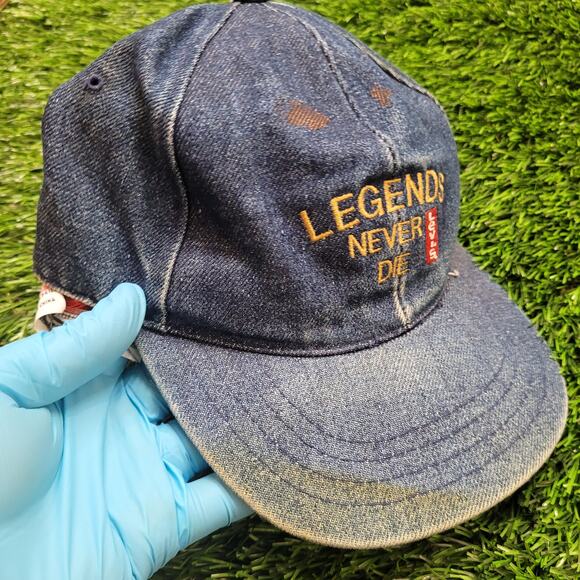 VTG 90s Levi's Distressed Faded Denim Dad Hat Baseball Cap "Legends Never Die" - Picture 6 of 9